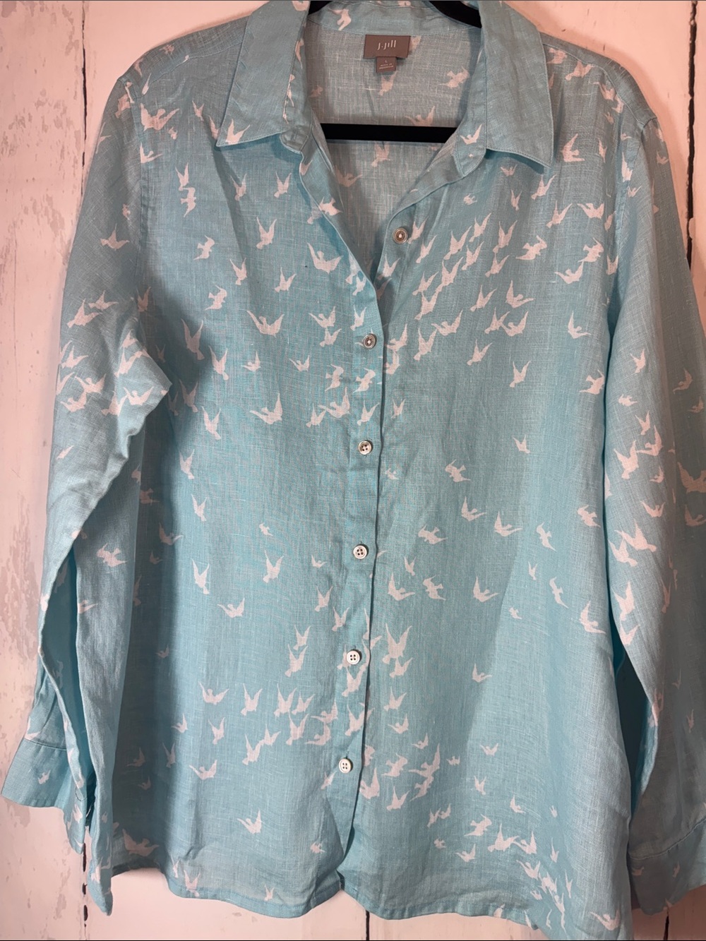 J. Jill Seafoam Blue Printed 100%  Linen Blend Shirt, white Bird Print